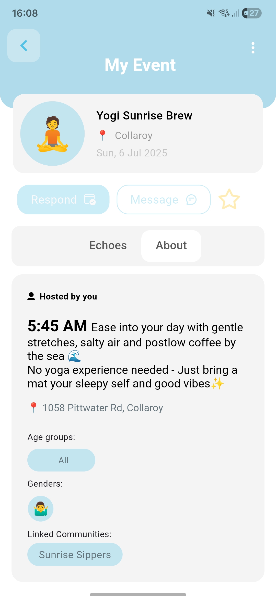 Event detail page for Yogi Sunrise Brew