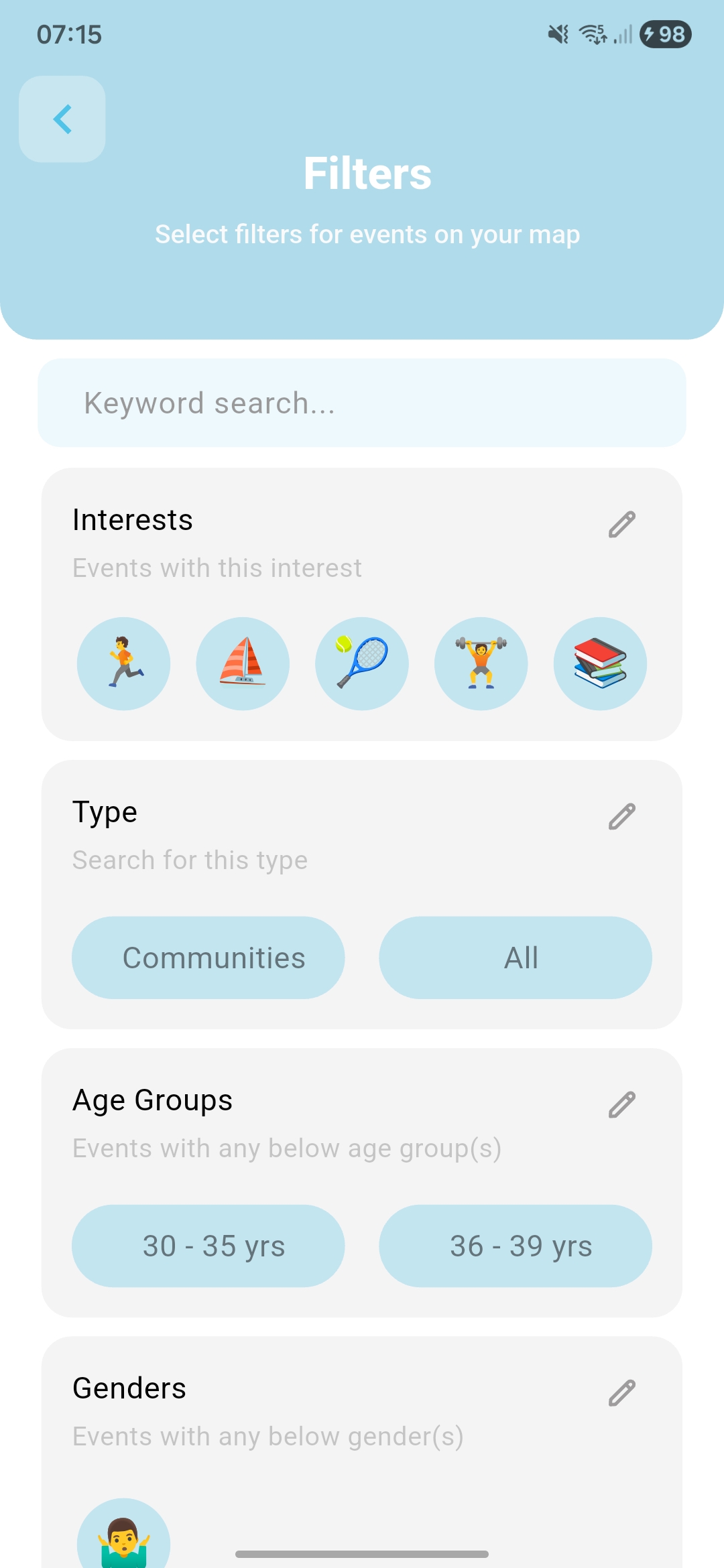 Map filters for interests, type, and age groups