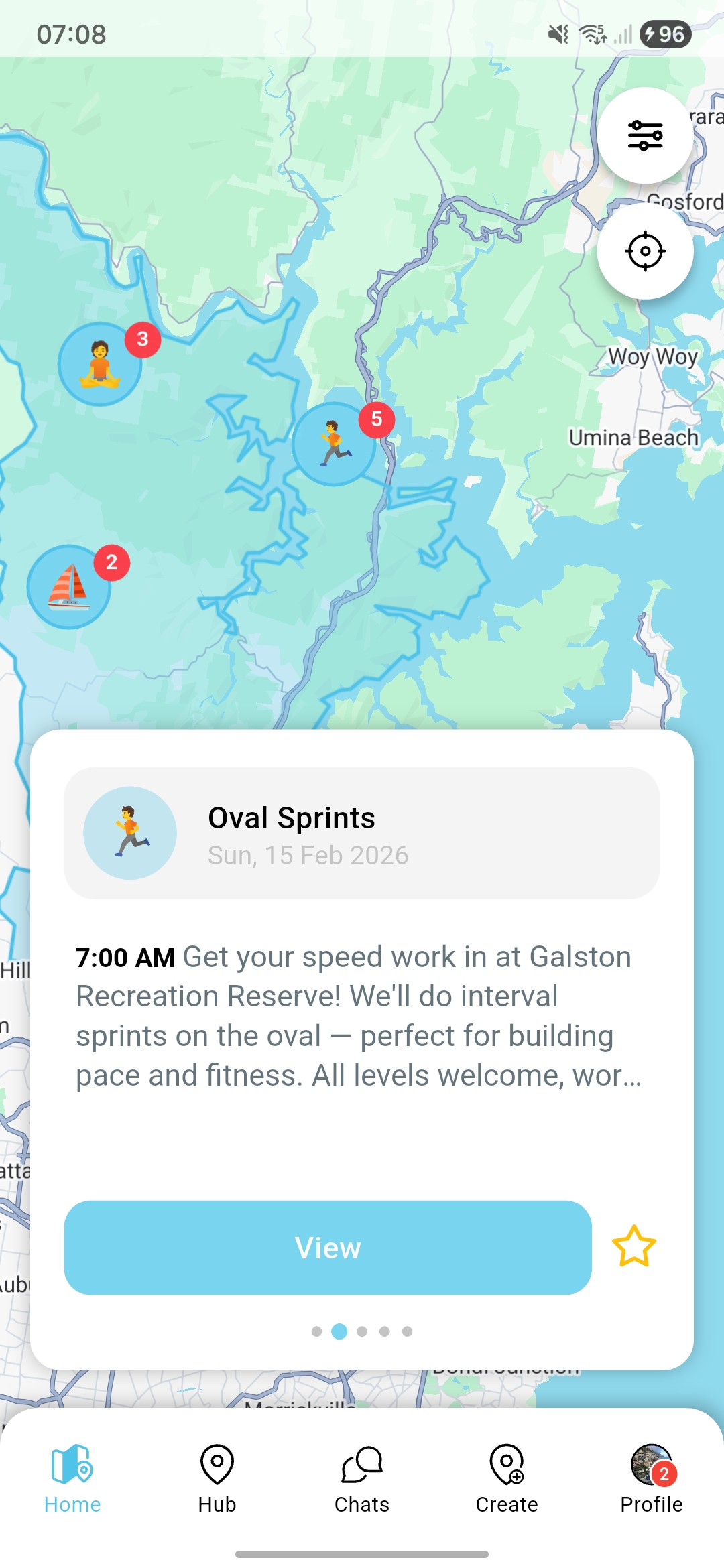 Map view showing nearby events with emoji markers and event popup